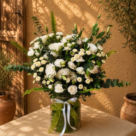Salzburg Ivory all-white European bouquet in a glass vase, Bangalore flower delivery