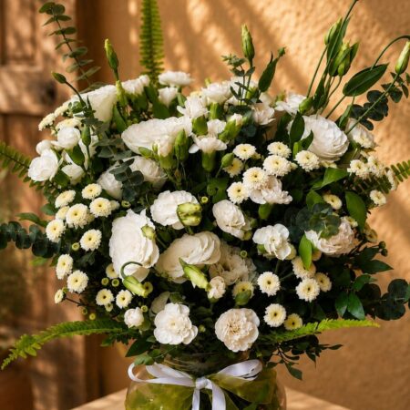 Close up of Salzburg Ivory white lisianthus and rose bouquet, Bangalore flower delivery
