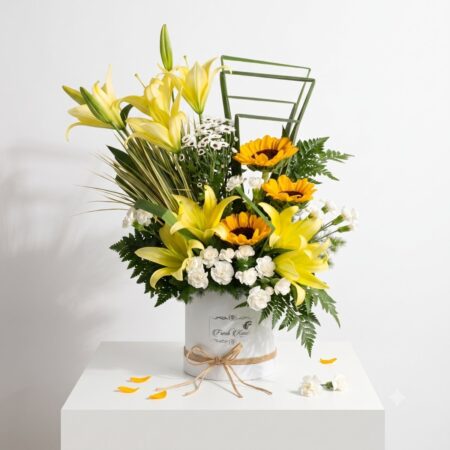 Sunshine State box of yellow lilies and sunflowers, Bangalore