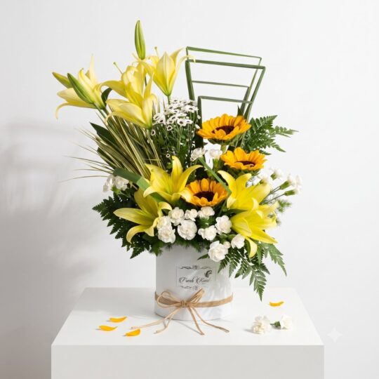 Sunshine State box of yellow lilies and sunflowers, Bangalore