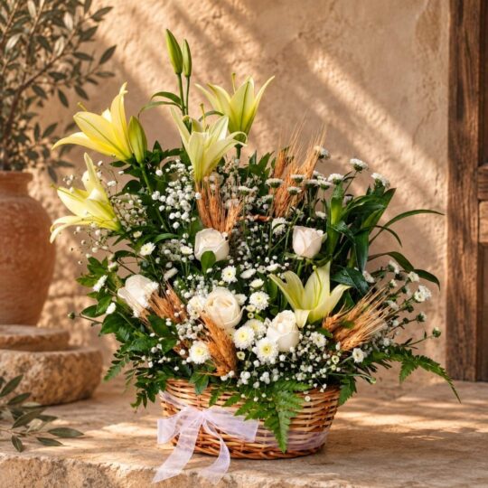 Castile Gold lily rose flower basket with wheat, Bangalore delivery
