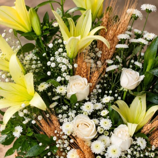 Castile Gold flower basket, three-quarter view, Bangalore delivery