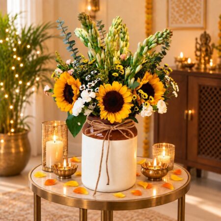 Sunflower and tuberose Diwali table vase, side table styling Bangalore