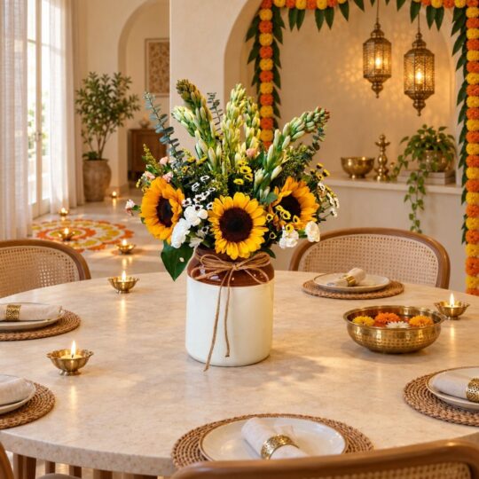 Sunflower and tuberose Diwali table vase on dining table, Bangalore