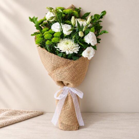 White and green mixed cut flowers, standing view Bangalore