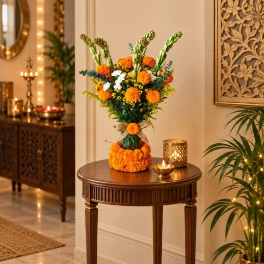 Marigold and tuberose Diwali table vase, side table styling Bangalore