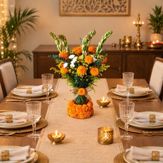 Marigold and tuberose Diwali table vase, dining table close-up Bangalore