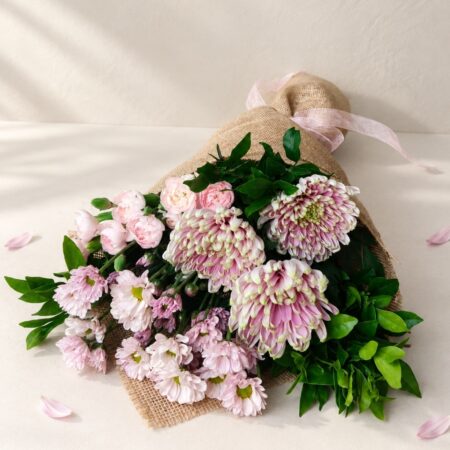 Pink mixed cut flowers bunch in burlap wrap, Bangalore delivery