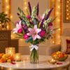 Pink lily and tuberose Diwali table vase, styled Bangalore
