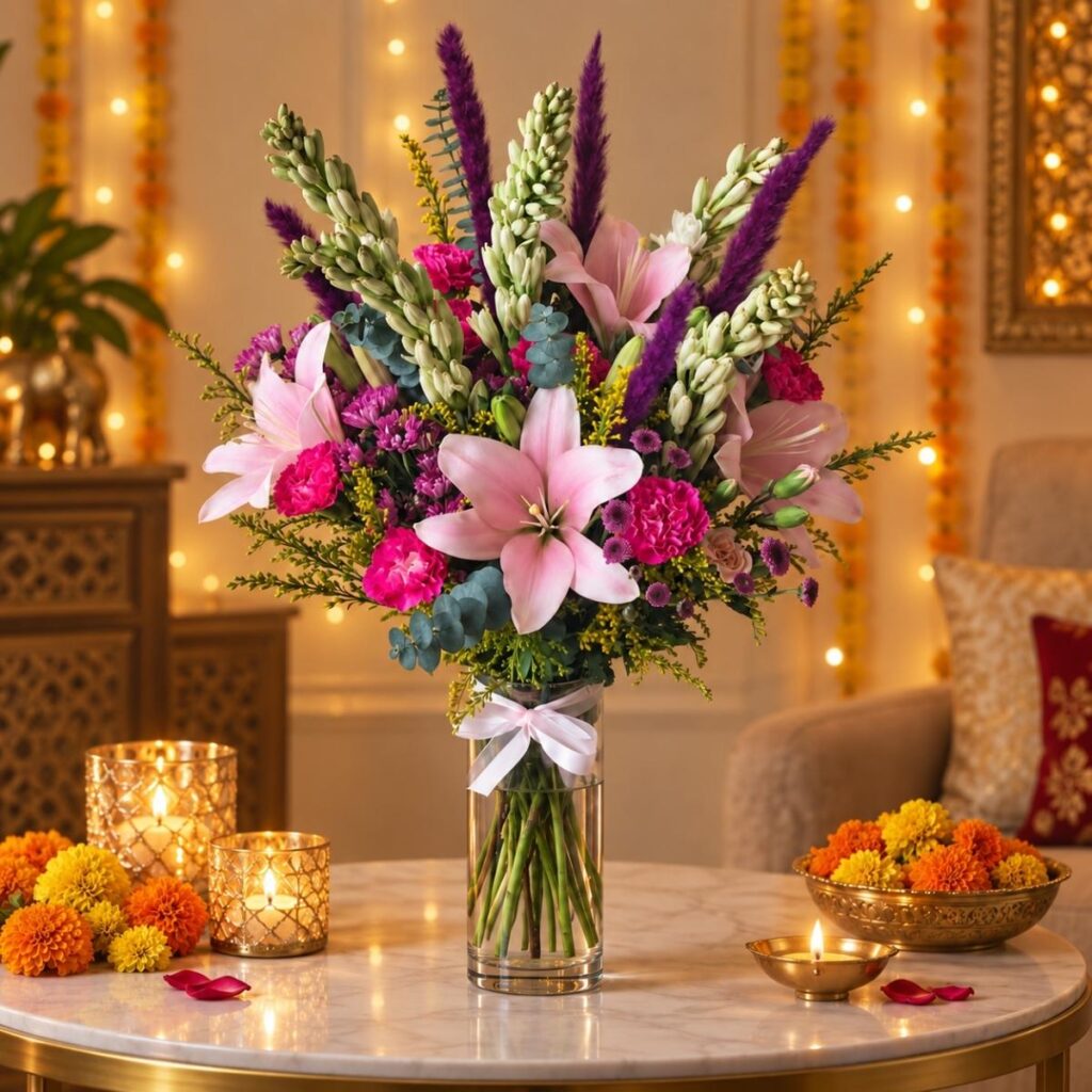 Pink lily and tuberose Diwali table vase, styled Bangalore