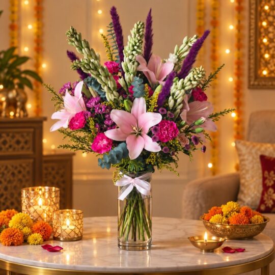 Pink lily and tuberose Diwali table vase, styled Bangalore
