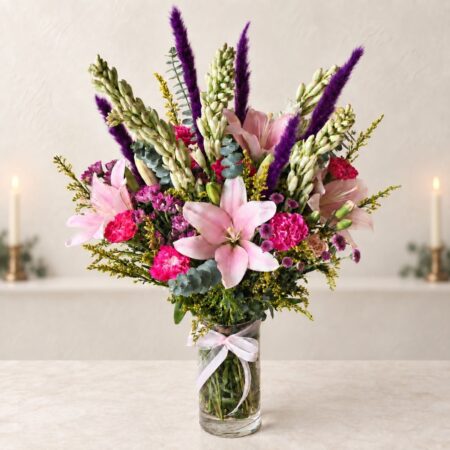 Diwali pink centrepiece Bangalore - pink lily and tuberose table vase