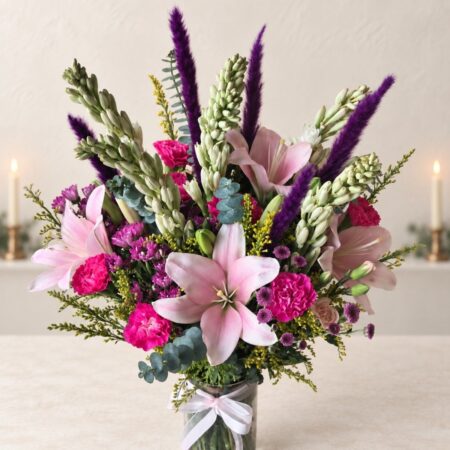 Pink lily and tuberose Diwali table vase, close-up Bangalore