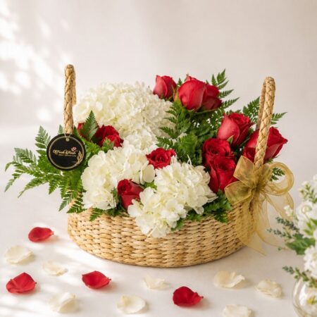 Scarlet and Snow red rose hydrangea basket, Bangalore delivery