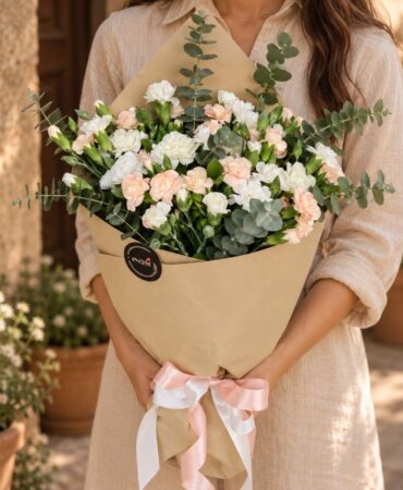 Sintra Pêche spray carnation bouquet in Bangalore with peach and white carnations and eucalyptus in kraft paper