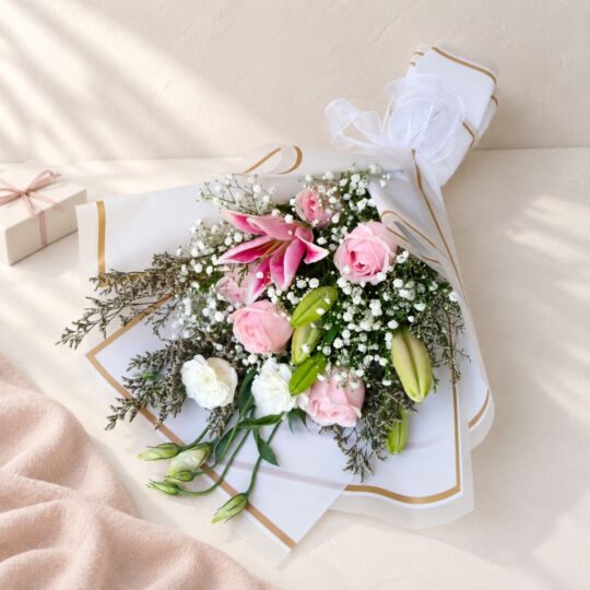 Pink and Pearl lily rose bouquet, styled shot Bangalore