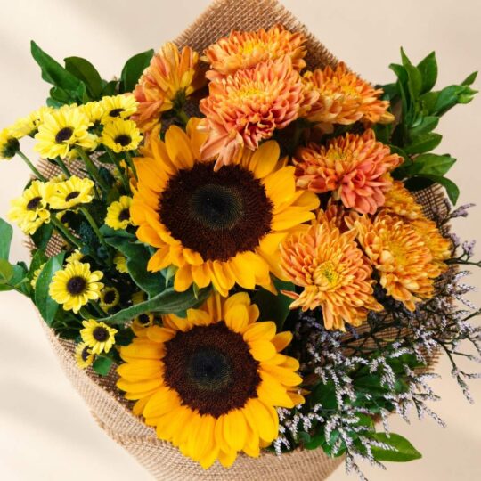 Sunflower mixed cut flowers, top-down view Bangalore