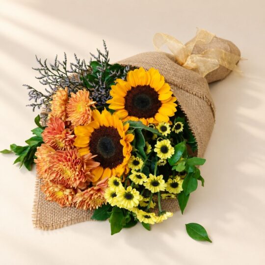 Sunflower mixed cut flowers, lying flat Bangalore delivery