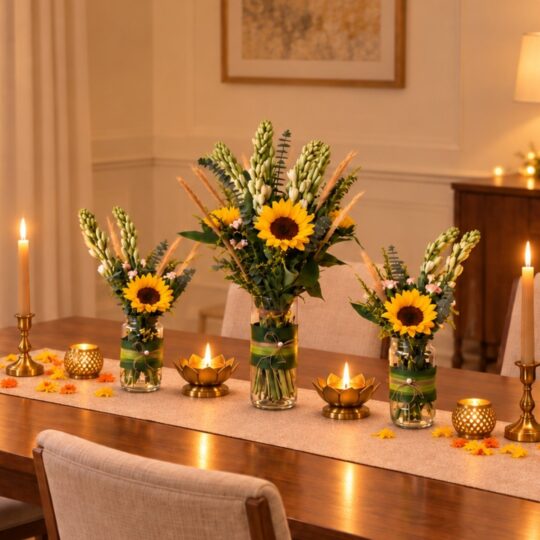 Sunflower and tuberose Diwali vase trio, dining table Bangalore