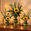 Sunflower and tuberose Diwali vase trio, console styling Bangalore