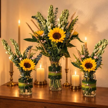 Sunflower and tuberose Diwali vase trio, console styling Bangalore