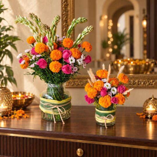 Marigold and rose Diwali vase pair, console styling Bangalore