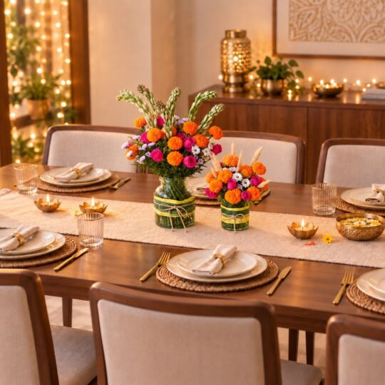 Marigold and rose Diwali vase pair, dining table Bangalore