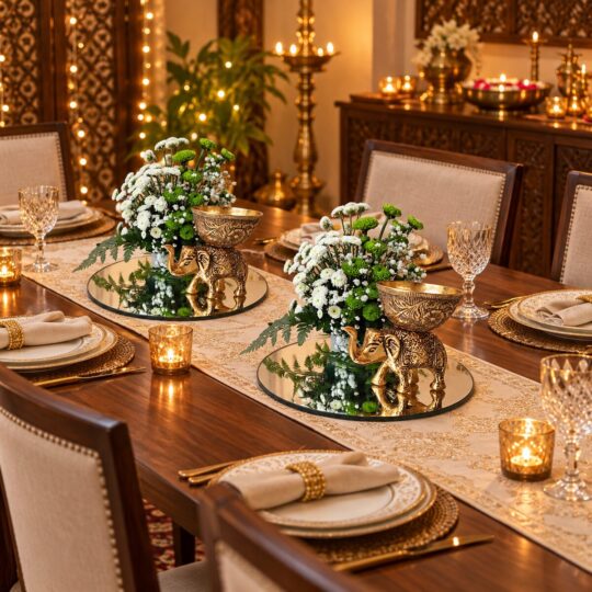 Two elephant candle holder flower centrepieces on mirror bases along a dining table runner
