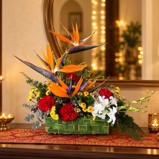 Tall bird of paradise stems with red carnations, yellow chrysanthemums and white orchids in a handwoven base, angled view