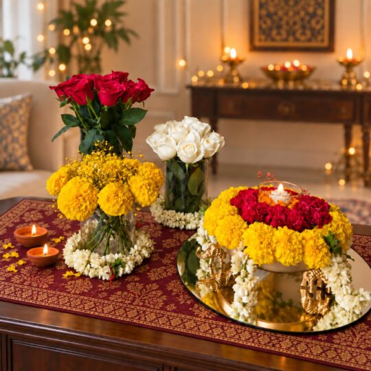 Glass vases of red roses, white roses and yellow marigolds with mogra garlands and an elephant leg urli with candle, front view