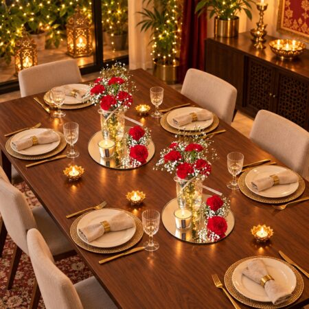 Two red carnation and baby's breath centrepieces with candles on mirror bases along a dining table