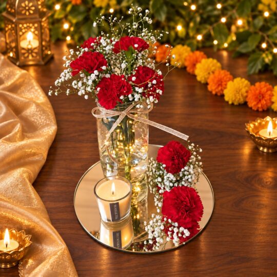 Glass jar of red carnations and baby's breath lit with fairy lights beside a votive candle on a mirror, angled view