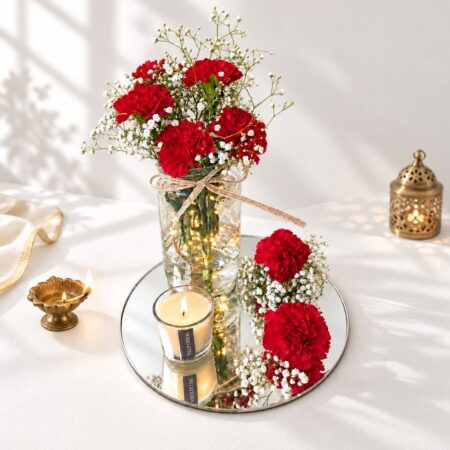 Red carnation centrepiece in Bangalore with carnations and baby's breath in a fairy light jar, a scented votive candle and a round mirror base