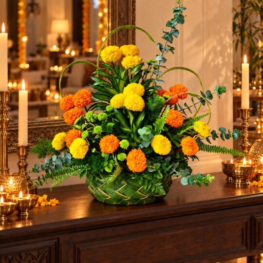Marigold and eucalyptus centrepiece in a handwoven coconut leaf basket on a console, angled view