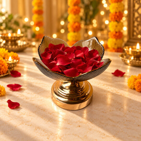 Decorative glass urli bowl in Bangalore in amber lotus glass on a gold metal stand filled with red rose petals