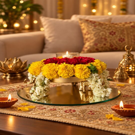 Metal urli on elephant legs with yellow marigolds, red carnations, mogra garlands and a floating tealight on a round mirror