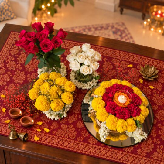 Red rose, white rose and marigold vases with mogra collars beside a marigold and carnation urli on a mirror, top view
