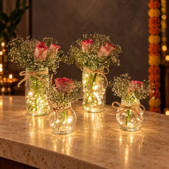 Four glass jars of roses and baby's breath lit from inside with cork fairy lights, front view