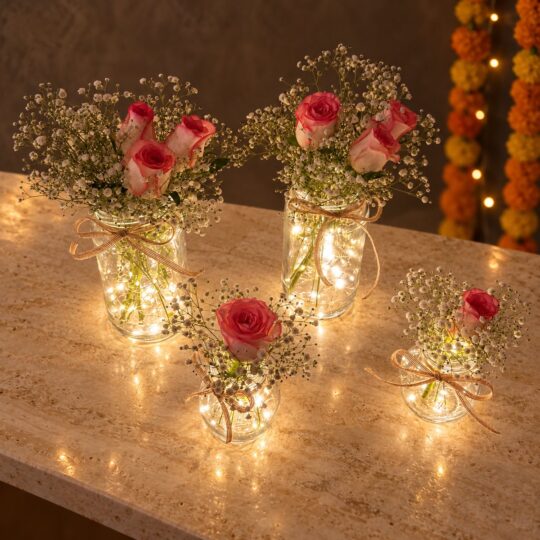 Glowing glass jars with pink-edged roses and baby's breath, top angle view