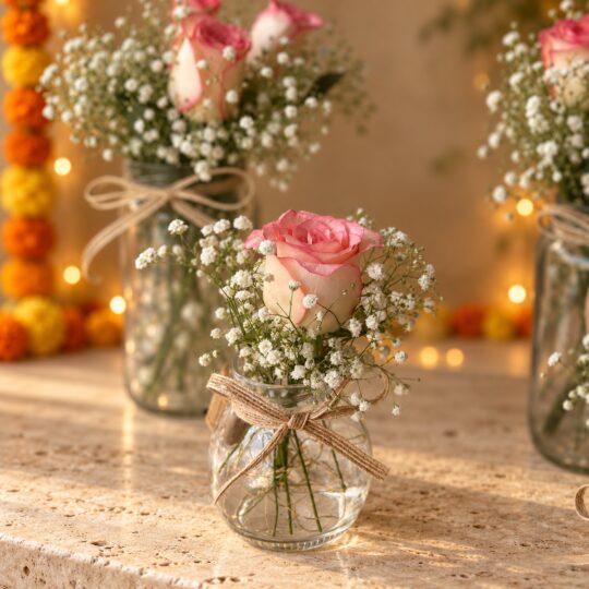 Small round glass jar with a single pink-edged rose, baby's breath and jute bow, close-up
