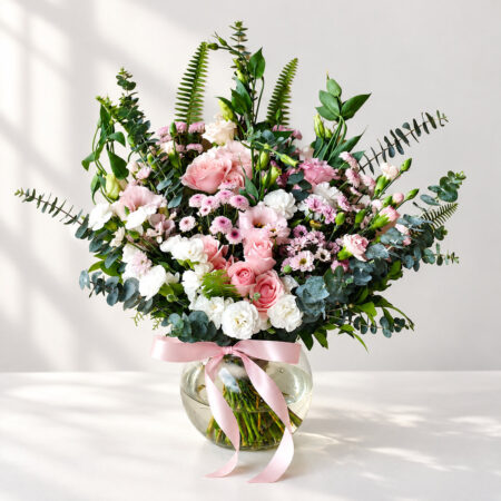 Pink flowers in vase in Bangalore with pink roses, lisianthus, spray carnations and eucalyptus in a glass fishbowl vase
