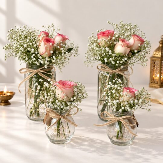 Rose and baby's breath centrepiece in Bangalore, set of four glass jars with pink-edged roses, baby's breath and jute bows