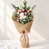 Exotic flower bunch in Bangalore with white and pink lisianthus, calimero chrysanthemums and eucalyptus in natural jute wrap