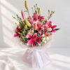 Pink oriental lily and carnation bouquet with white chrysanthemums, front close view