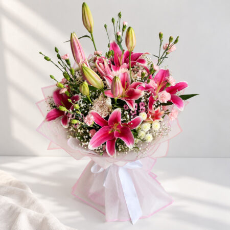 Pink oriental lily and carnation bouquet with white chrysanthemums, front close view