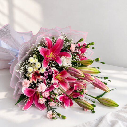 Closer front view of the bouquet showing the open pink oriental lilies, spray carnations, white chrysanthemum and santini .