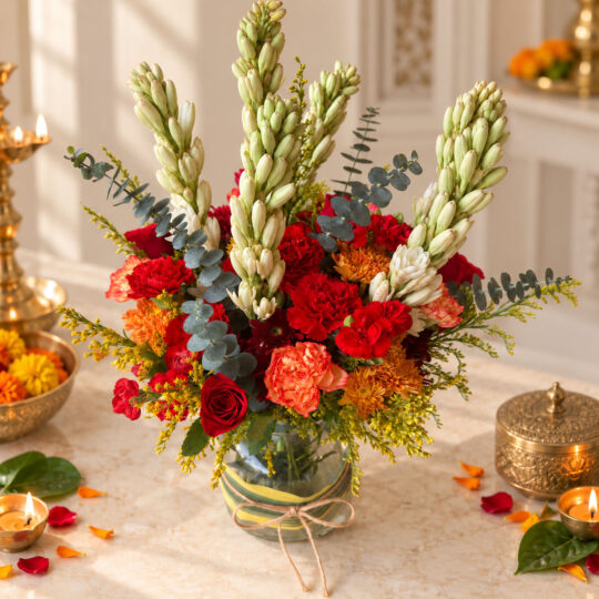 Tuberose, red carnation and orange chrysanthemum arrangement in a leaf-wrapped glass vase, close angled view