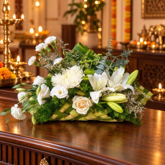 White oriental lily and chrysanthemum arrangement in a coconut leaf base on a console, angled view