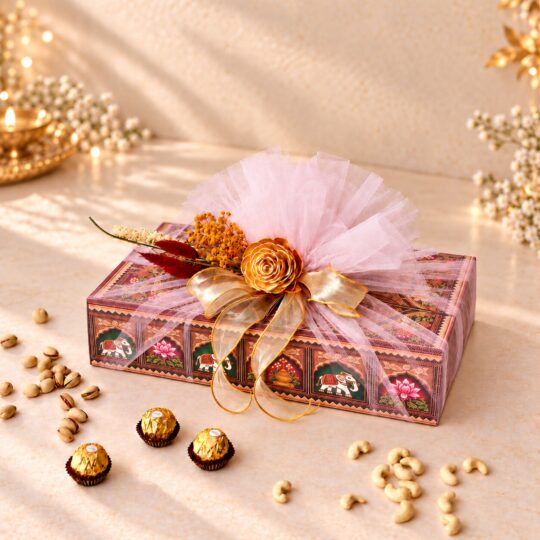 Rajwada dry fruits and chocolate gift box wrapped in pink tulle with a gold-edged ribbon, sola rose and dried flowers