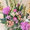Pink hydrangea, eustoma, peach spray carnations and oriental lily, close-up